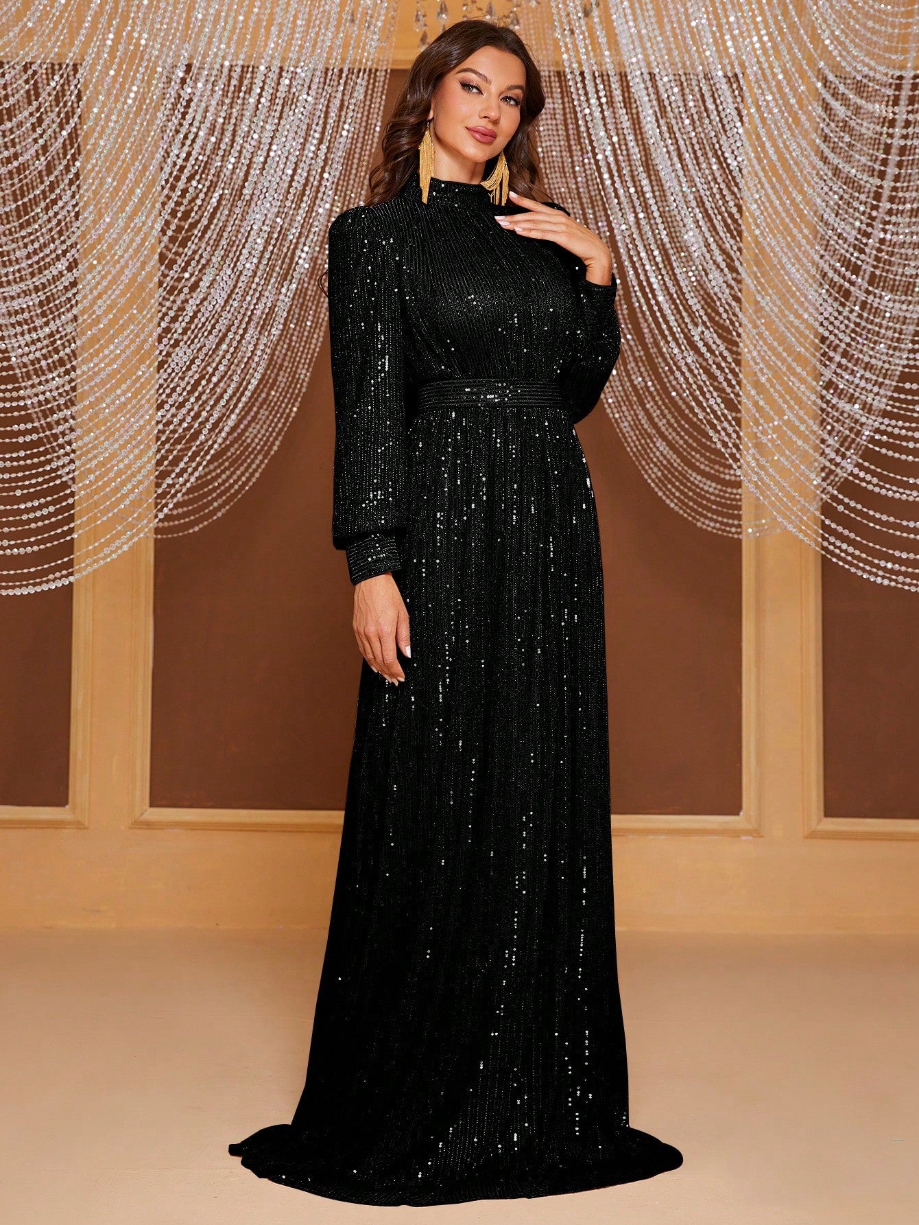 Mock Neck Lantern Sleeve Sequin Formal Dress